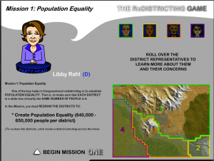 Picture of the opening screen of the ReDistricting game with directions for gerrymandering