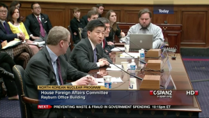 Video still of a Congressional hearing on North Korean nuclear weapons, a good example of a culminating activity for a Classroom Deliberations