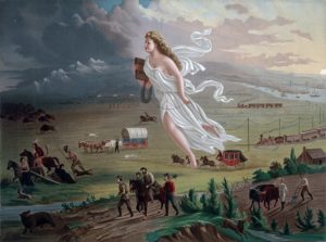 The historic painting Manifest Destiny. A woman in a white dress, flying over a prairie landscape.