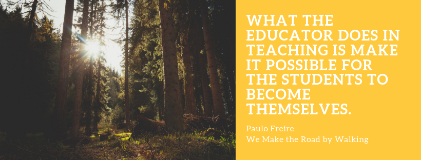 Tall trees and a Paulo Freire quote: "What the educator does in teaching is make it possible for the students to become themselves."