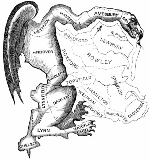 An old political cartoon about gerrymandering, showing distorted political districts in Massachusetts.
