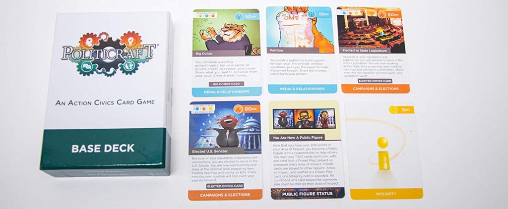 Sample cards from Politicraft, an example of a civics board game that's useful in class.
