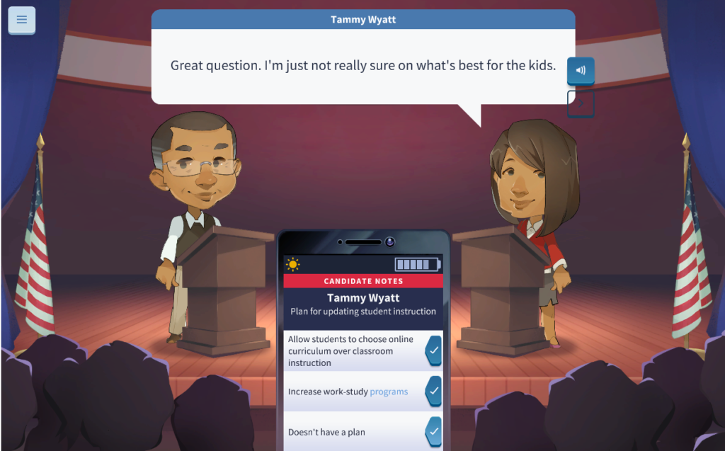 Two candidates on a stage in a town hall debate in the iCivics game, Cast Your Vote.