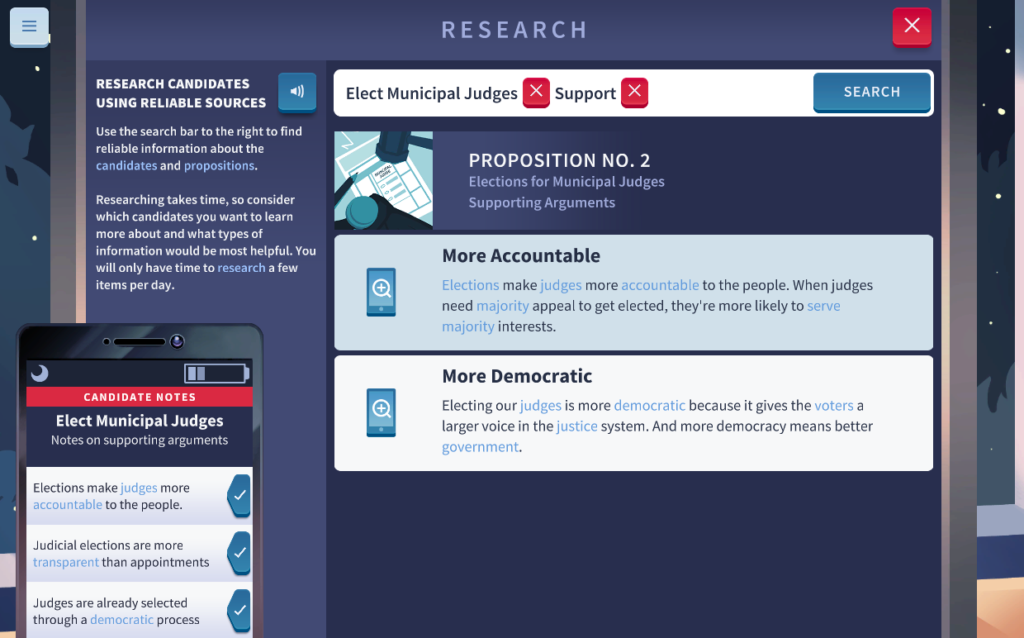 The "Research" screen in the iCivics game, Cast Your Vote.