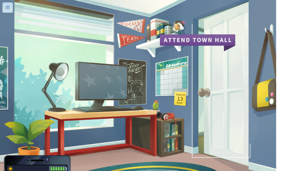 A room with a computer, a calendar, and a door. The main gameplay environment in the iCivics game, Cast Your Vote.