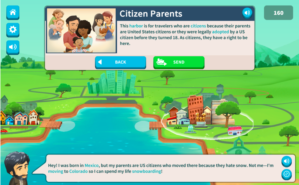 A screenshot of Immigration Nation with the "Citizen Parents" harbor tip open.