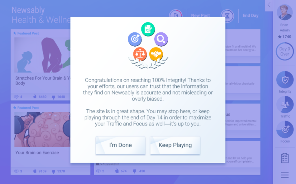Screenshot from NewsFeed Defender when I reached 100% integrity and had the option to end early.