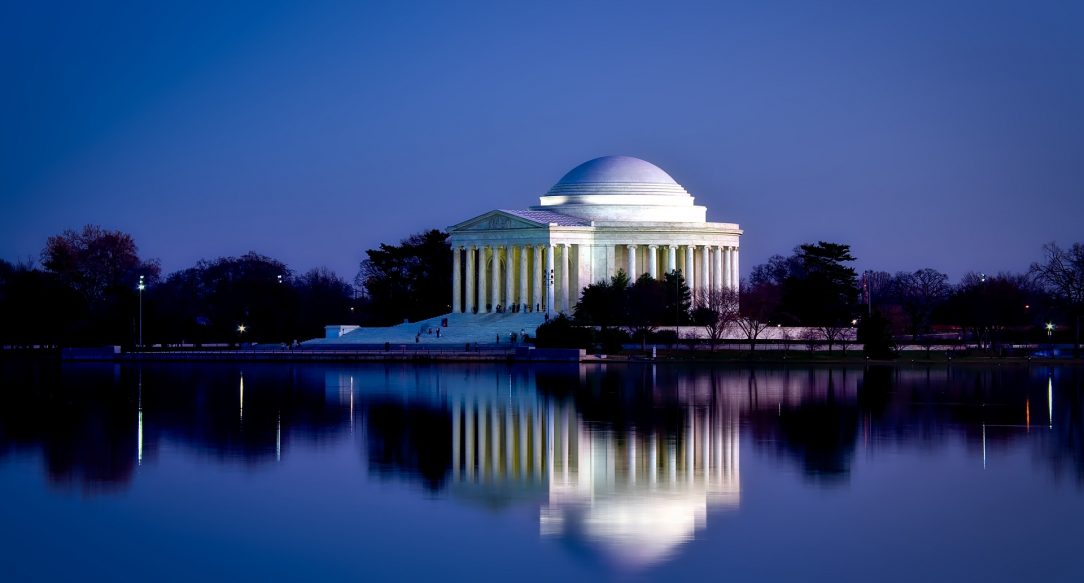 Picture of the Jefferson Memorial at night from across the Potomac.