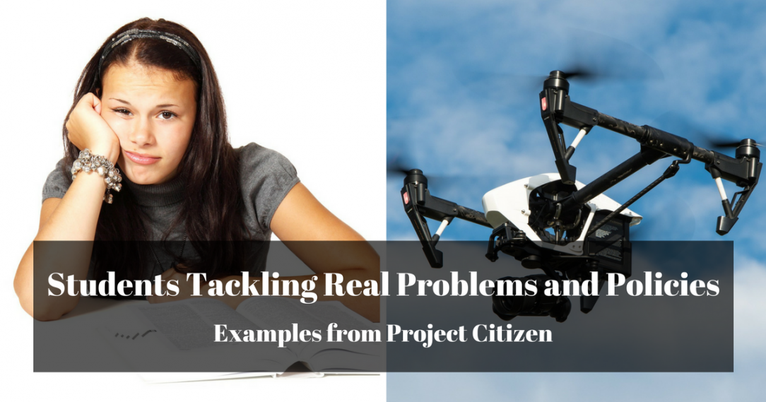 A sleepy stressed out student and a drone, with a title saying, "Examples of Project Citizen"