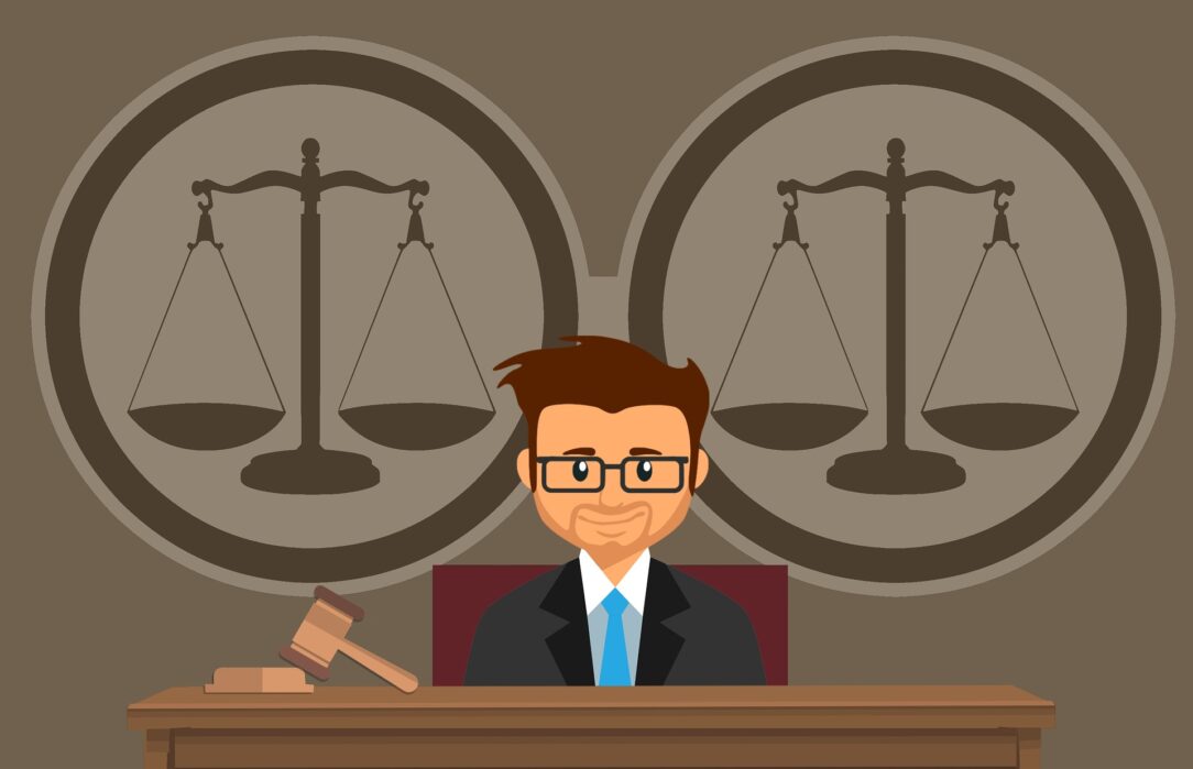 A cartoonish picture of a judge with the scales of justice behind him. In Flunking Democracy, Michael Rebell argues that courts can force states to fix civics education.